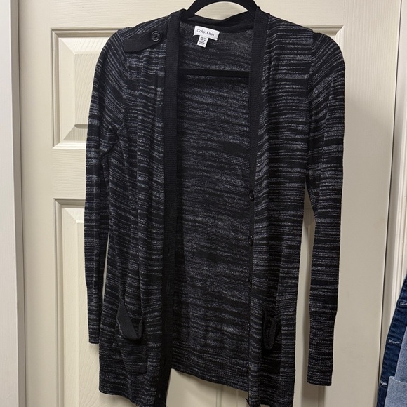 Calvin Klein Women's Striped Black and Gray Cardigan - Picture 1 of 1